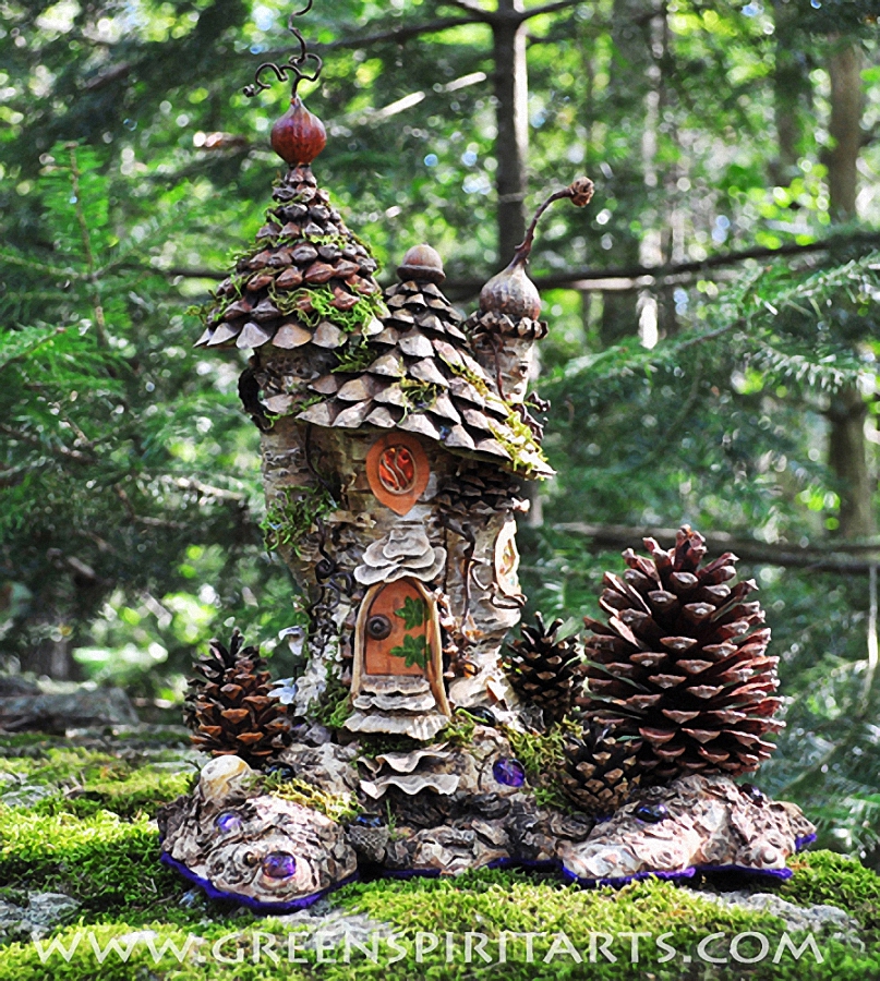Original Birch root and pine cone roof fairy house design by Sally J Smith